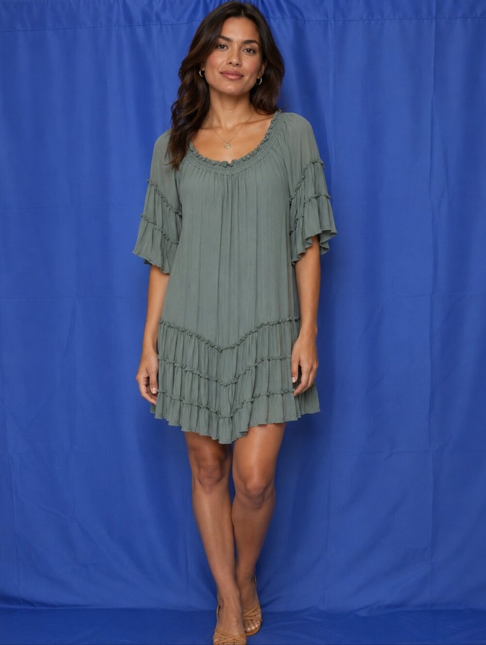 Millenium Washed Sage Ruffle Tiered Tunic Dress Size Medium